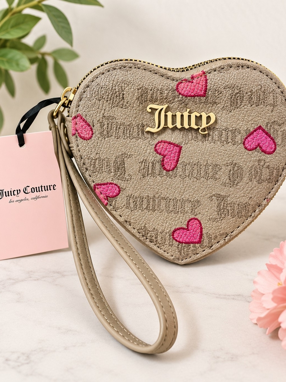 Juicy Couture Taupe Heart Wristlet with Pink Hearts